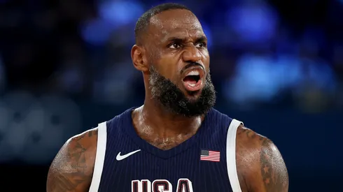 LeBron James #6 of Team United States reacts during the Men's Gold Medal game between Team France and Team United States on day fifteen of the Olympic Games Paris 2024 at Bercy Arena on August 10, 2024 in Paris, France.