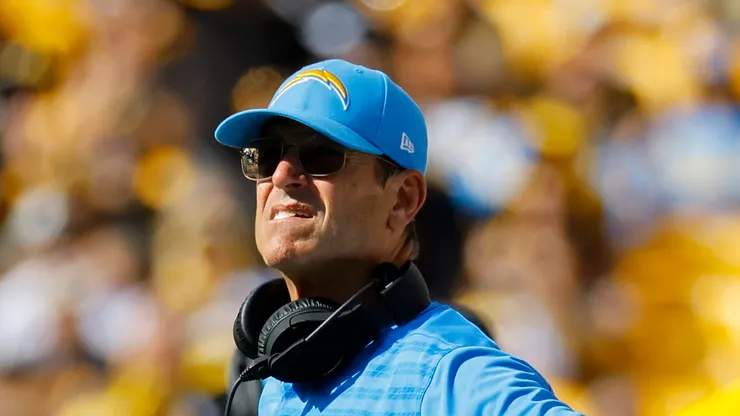 Head coach Jim Harbaugh of the Los Angeles Chargers looks on during the second half of the game against the Pittsburgh Steelers at Acrisure Stadium on September 22, 2024 in Pittsburgh, Pennsylvania.