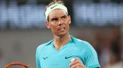 Rafael Nadal of Spain celebrates a point against Alexander Zverev of Germany in the Men's Singles first round match on Day Two of the 2024 French Open at Roland Garros on May 27, 2024 in Paris, France.