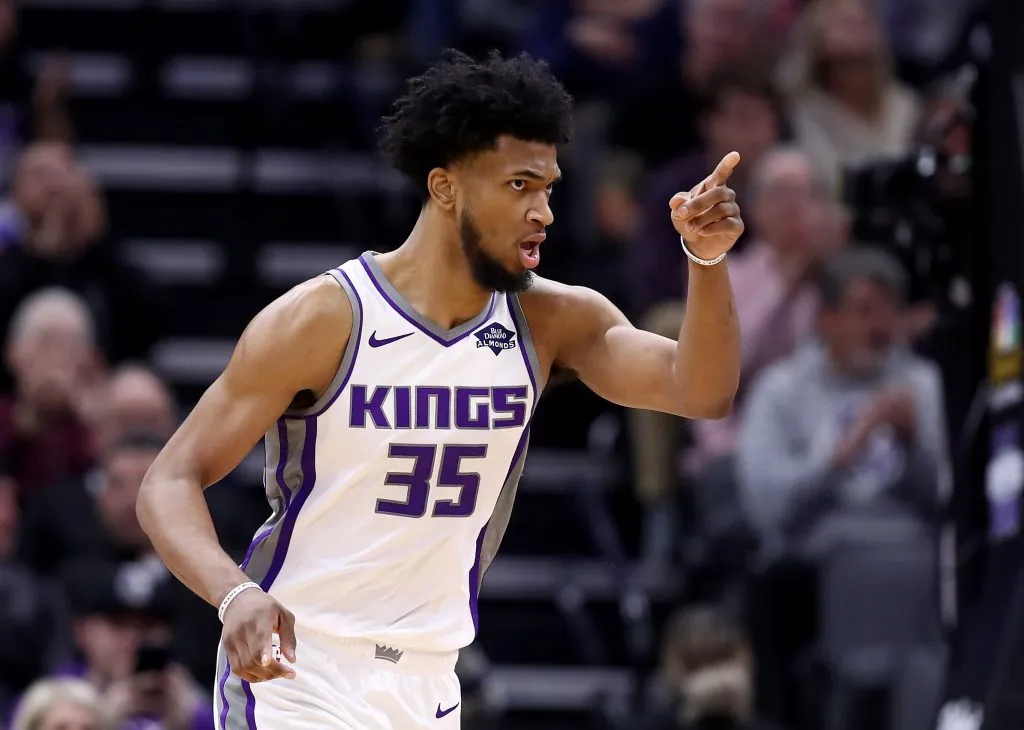 Marvin Bagley III #35 of the Sacramento Kings reacts after making a shot against the Detroit Pistons. Ezra Shaw/Getty Images
