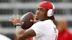 Jalen Milroe #4 of the Alabama Crimson Tide works out before the game against the Wisconsin Badgers at Camp Randall Stadium on September 14, 2024 in Madison, Wisconsin.