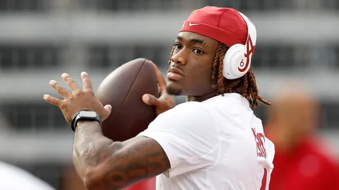 Jalen Milroe #4 of the Alabama Crimson Tide works out before the game against the Wisconsin Badgers at Camp Randall Stadium on September 14, 2024 in Madison, Wisconsin.