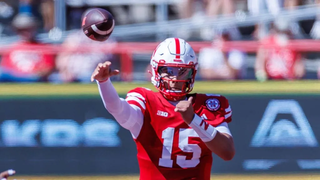Nebraska Cornhuskers quarterback Dylan Raiola (15) in action during a NCAA, College League, USA Division 1 football game between UTEP Miners and the Nebraska Cornhuskers at Memorial Stadium in Lincoln, NE.