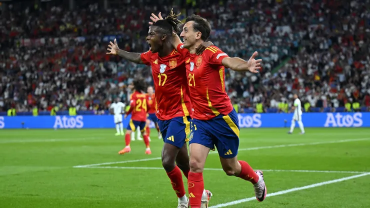 Mikel Oyarzabal of Spain celebrates scoring his team's second goal with teammate Nico Williams during the UEFA EURO 2024 final