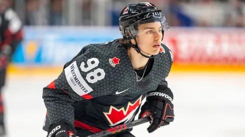 Team Canada with captain Connor Bedard, Nr. 16 sad after the match FINLAND - CANADA 6-5 (OT) IIHF U18 JUNIOR Ice hockey, Eishockey WORLD CHAMPIONSHIPS quarter final in Kaufbeuren, Germany.