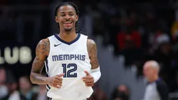 Ja Morant #12 of the Memphis Grizzlies reacts against the Atlanta Hawks