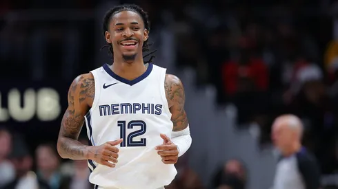 Ja Morant #12 of the Memphis Grizzlies reacts against the Atlanta Hawks