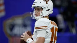 Arch Manning #16 of the Texas Longhorns warms up prior to playing against the Washington Huskies during the CFP Semifinal Allstate Sugar Bowl at Caesars Superdome on January 01, 2024 in New Orleans, Louisiana.