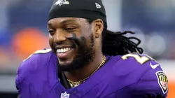 Derrick Henry #22 of the Baltimore Ravens looks on against the Dallas Cowboys during the third quarter at AT&T Stadium on September 22, 2024 in Arlington, Texas.