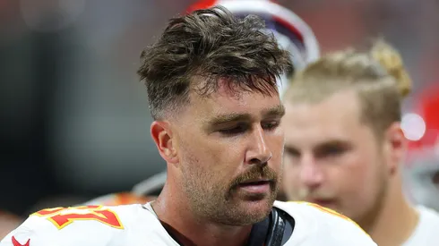 Travis Kelce #87 of the Kansas City Chiefs walks off the field during the second quarter against the Atlanta Falcons at Mercedes-Benz Stadium on September 22, 2024 in Atlanta, Georgia.
