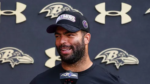 Kyle Van Noy #53 of the Baltimore Ravens addresses the media during training camp at Under Armour Performance Center Baltimore Ravens on August 12, 2024 in Owings Mills, Maryland.