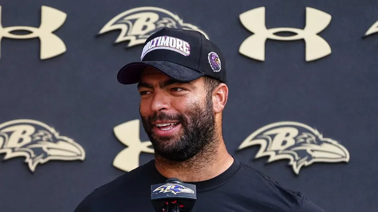 Kyle Van Noy #53 of the Baltimore Ravens addresses the media during training camp at Under Armour Performance Center Baltimore Ravens on August 12, 2024 in Owings Mills, Maryland.