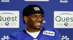 Wide receiver Malik Nabers speaks to the media during New York Giants Rookie Minicamp at Quest Diagnostics Training Center on May 10, 2024 in East Rutherford, New Jersey.