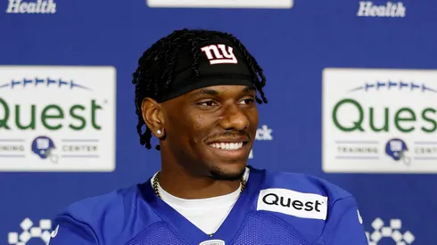 Wide receiver Malik Nabers speaks to the media during New York Giants Rookie Minicamp at Quest Diagnostics Training Center on May 10, 2024 in East Rutherford, New Jersey.