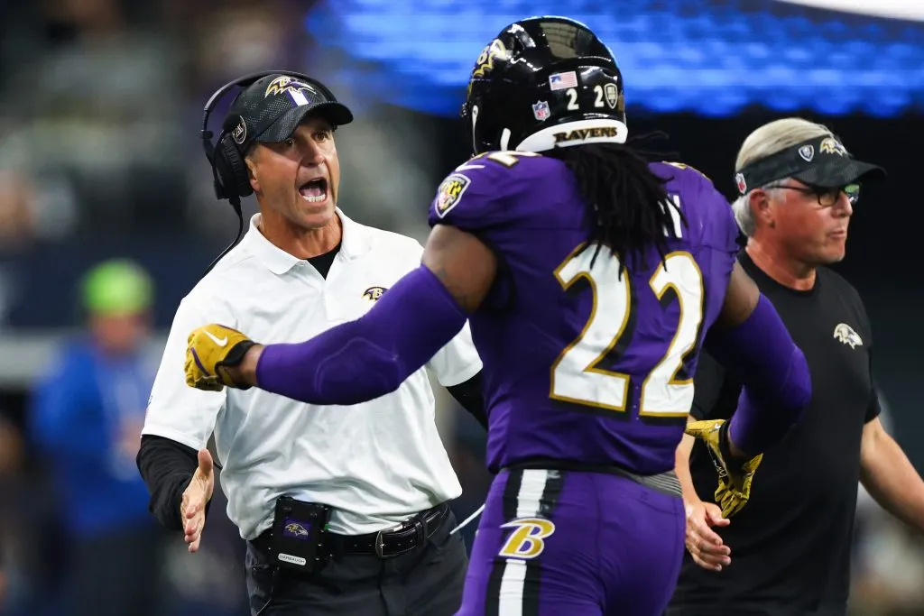 ARLINGTON, TEXAS – SEPTEMBER 22: Derrick Henry #22 of the Baltimore Ravens celebrates his touchdown with John Harbaugh, head coach of the Baltimore Ravens, against the Dallas Cowboys during the third quarter at AT&amp;T Stadium on September 22, 2024 in Arlington, Texas. (Photo by Ron Jenkins/Getty Images)