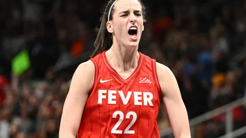 Caitlin Clark #22 of the Indiana Fever reacts against the Atlanta Dream on August 26, 2024 at State Farm Arena in Atlanta, Georgia.