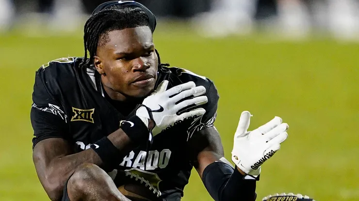 Colorado Buffaloes wide receiver Travis Hunter points first down after having his helmet ripped off after a catch in the second half of the football game between Colorado and North Dakota State in Boulder, CO.