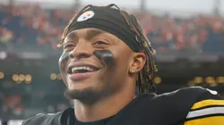 Quarterback Justin Fields during this time wit the Pittsburgh Steelers looks on after beating the Denver Broncos 13-6 at Empower Field At Mile High on September 15, 2024 in Denver, Colorado.