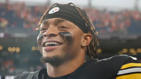 Quarterback Justin Fields during this time wit the Pittsburgh Steelers looks on after beating the Denver Broncos 13-6 at Empower Field At Mile High on September 15, 2024 in Denver, Colorado.