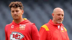 Kansas City Chiefs quarterback Patrick Mahomes and offensive coordinator Matt Nagy look on prior to a preseason game against the Chicago Bears at Soldier Field on August 13, 2022 in Chicago, Illinois.
