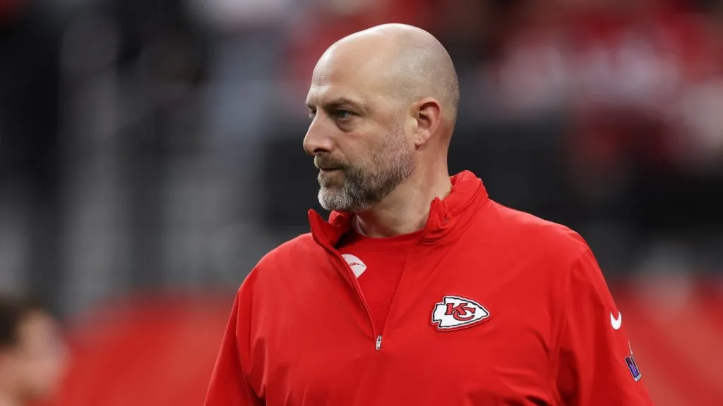 Offensive Coordinator Matt Nagy of the Kansas City Chiefs looks on prior to Super Bowl LVIII against the San Francisco 49ers at Allegiant Stadium on February 11, 2024 in Las Vegas, Nevada.