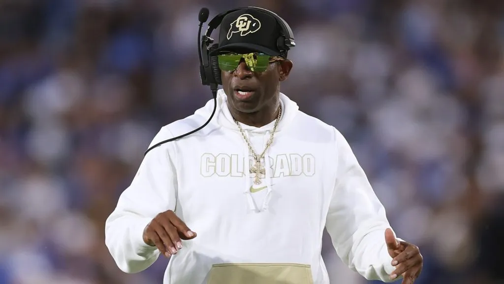Head coach Deion Sanders of the Colorado Buffaloes looks on from the sidelines during the first half of a game against the UCLA Bruins at Rose Bowl Stadium on October 28, 2023 in Pasadena, California.