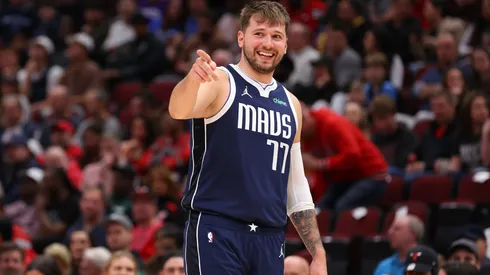 Luka Doncic #77 of the Dallas Mavericks reacts against the Chicago Bulls