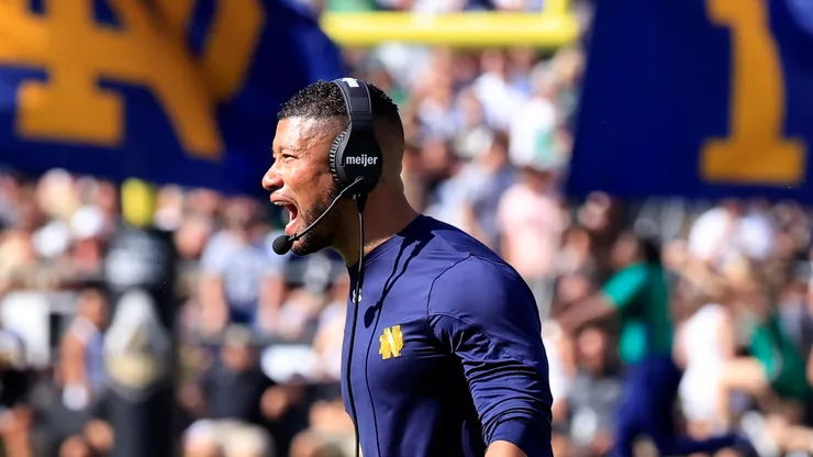 Head coach Marcus Freeman of the Notre Dame Fighting Irish reacts after a touchdown during the first half against the Purdue Boilermakers at Ross-Ade Stadium on September 14, 2024 in West Lafayette, Indiana.