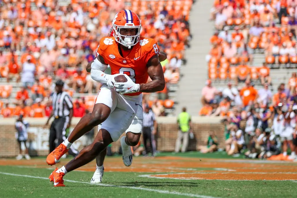 CLEMSON, SOUTH CAROLINA – SEPTEMBER 21: Adam Randall #8 of the Clemson Tigers catches the ball for a touchdown against the North Carolina State Wolfpack during the second half at Memorial Stadium on September 21, 2024 in Clemson, South Carolina.  (Photo by Isaiah Vazquez/Getty Images)
