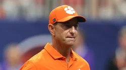 Clemson Tigers head coach Dabo Swinney walks on the field during pre-game warmups before the Aflac Kickoff Game against the Georgia Bulldogs at Mercedes Benz Stadium on August 31, 2024 in Atlanta, Georgia.