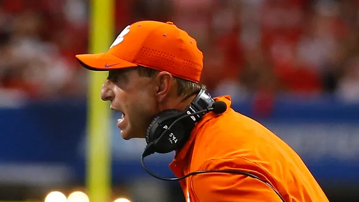 Clemson Tigers head coach Dabo Swinney reacts during the Aflac Kickoff Game against the Georgia Bulldogs at Mercedes Benz Stadium on August 31, 2024 in Atlanta, Georgia.