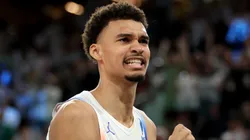 Victor Wembanyama #32 of Team France celebrates after his team's victory against Team Germany