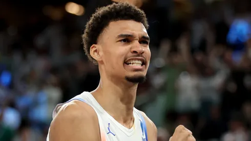 Victor Wembanyama #32 of Team France celebrates after his team's victory against Team Germany