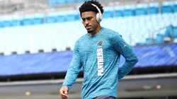 Quarterback Bryce Young #9 of the Carolina Panthers warms up prior to a game against the Los Angeles Chargers at Bank of America Stadium on September 15, 2024 in Charlotte, North Carolina.