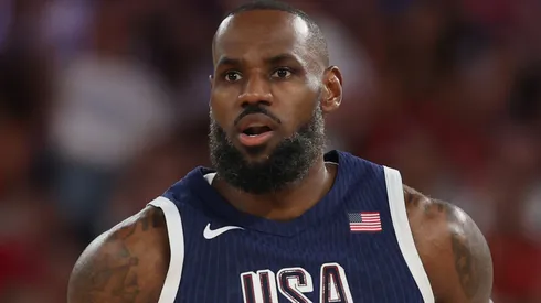 LeBron James #6 of Team United States looks on during the Men's Gold Medal game between Team France and Team United States on day fifteen of the Olympic Games Paris 2024 at Bercy Arena.