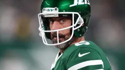Aaron Rodgers #8 of the New York Jets looks on before the game against the New England Patriots during their game at MetLife Stadium on September 19, 2024 in East Rutherford, New Jersey.