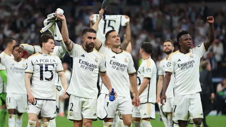 Players of Real Madrid celebrate led by Nacho Fernandez (2) after the team's victory and reaching the UEFA Champions League Final