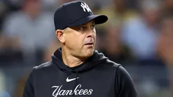 Aaron Boone #17 of the New York Yankees looks on against the Boston Red Sox at Yankee Stadium on September 13, 2024 in the Bronx borough of New York City.