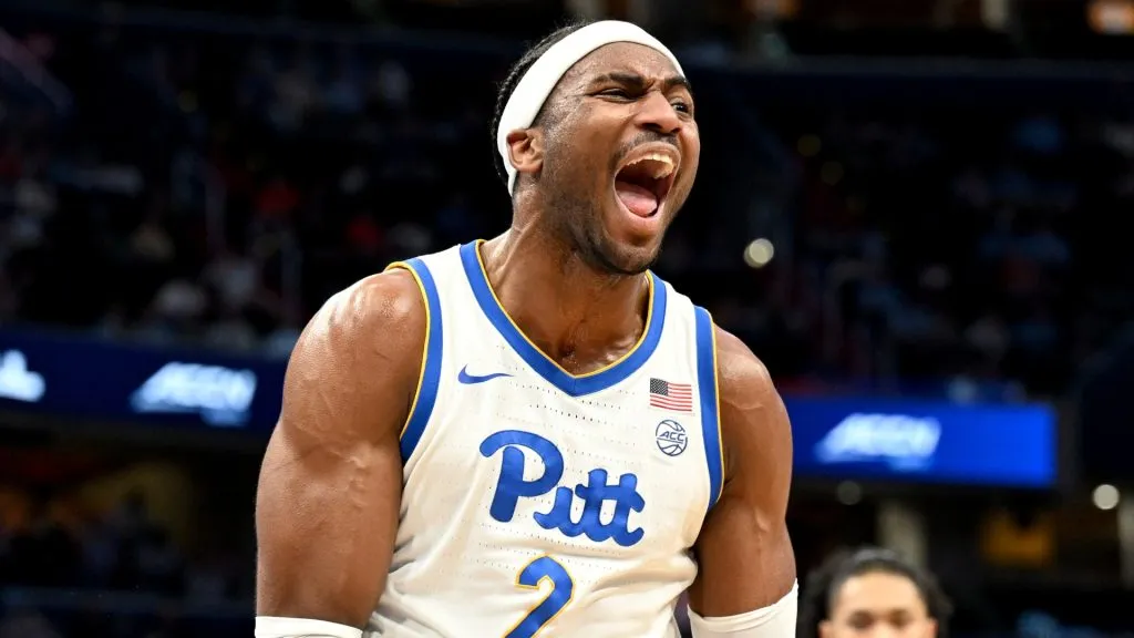 Blake Hinson #2 of the Pittsburgh Panthers celebrates in the first half against the Wake Forest Demon Deacons in the Quarterfinals of the ACC Men's Basketball Tournament at Capital One Arena on March 14, 2024 in Washington, DC. 