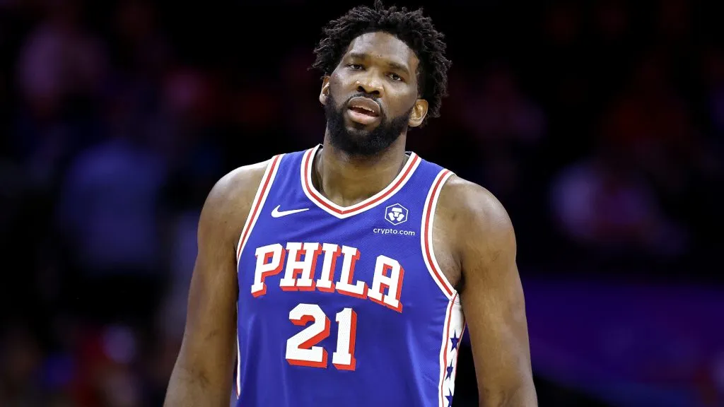 Joel Embiid reacts during a game