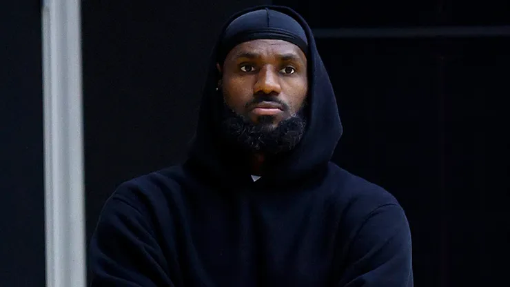 LeBron James #23 of the Los Angeles Lakers attends a press conference announcing Bronny James and Dalton Knecht at UCLA Health Training Center.