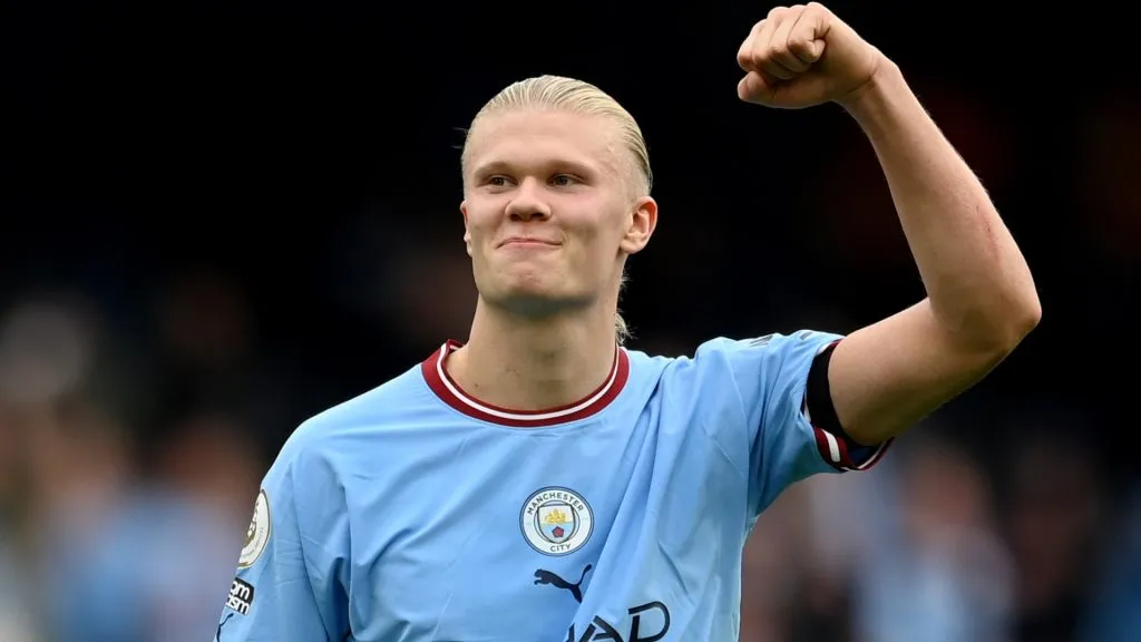 Erling Haaland of Manchester City celebrates following the Premier League match between Manchester City and Manchester United at Etihad Stadium on October 02, 2022 in Manchester, England.