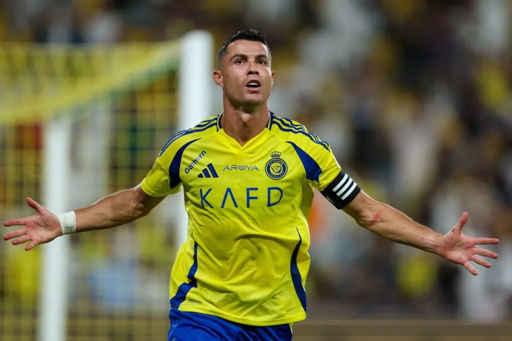 Cristiano Ronaldo of Al Nassr celebrating after scores the 1st goal during the Saudi Pro League match between Al Nassr and Al Raed. Yasser Bakhsh/Getty Images