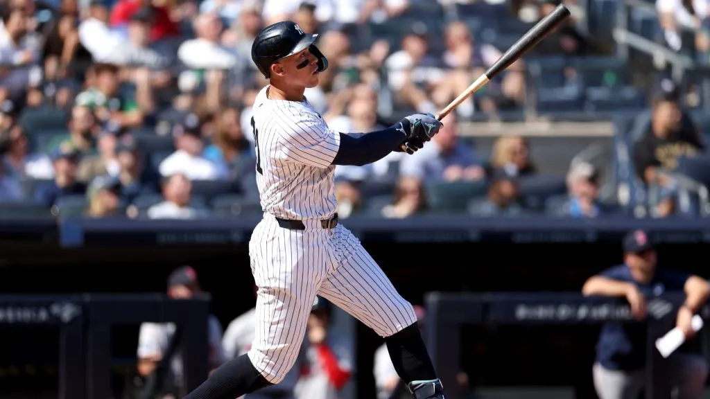 Aaron Judge #99 of the New York Yankees hits a two-run home run against the Boston Red Sox during the third inning at Yankee Stadium on September 15, 2024 in the Bronx borough of New York City. (Photo by Luke Hales/Getty Images)