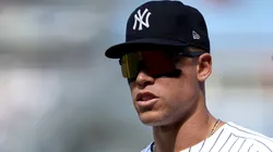 Aaron Judge #99 of the New York Yankees looks on against the Boston Red Sox at Yankee Stadium on September 15, 2024 in the Bronx borough of New York City.