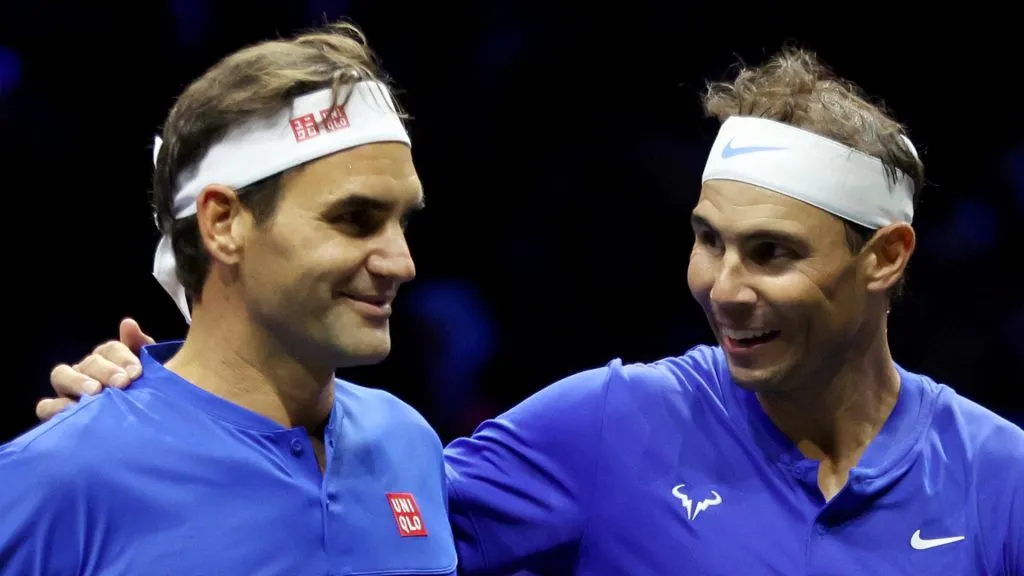 Roger Federer and Rafael Nadal of Team Europe interact during the doubles match between Jack Sock and Frances Tiafoe of Team World and Roger Federer and Rafael Nadal of Team Europe during Day One of the Laver Cup at The O2 Arena on September 23, 2022 in London, England. 