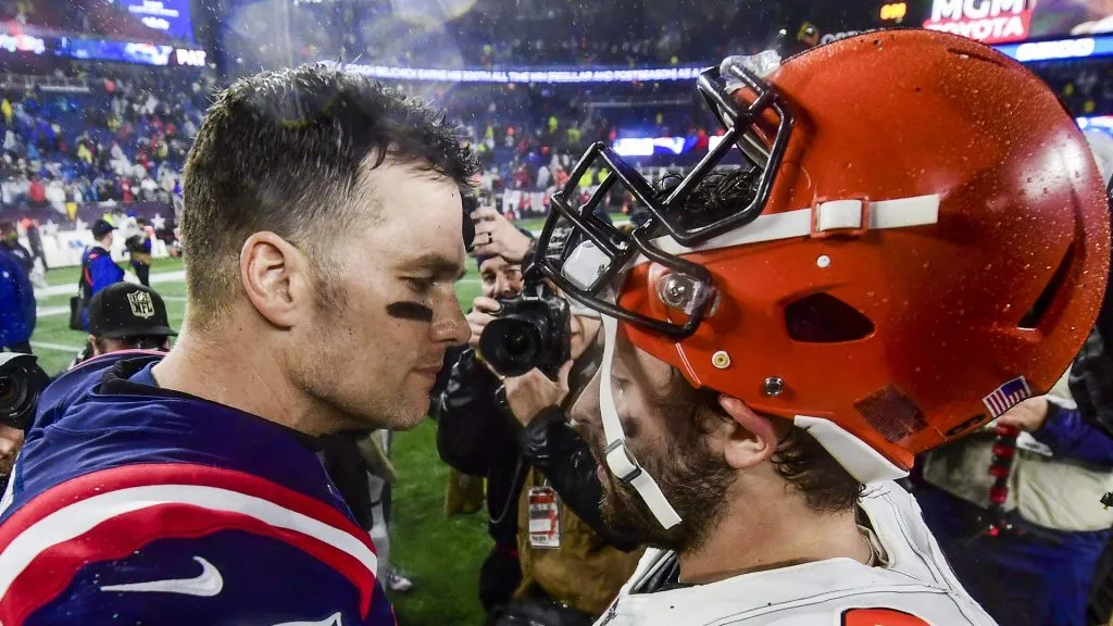 FOXBOROUGH, MA – OCTOBER 27: Tom Brady #12 of the New England Patriots talks with Baker Mayfield #6 of the Cleveland Browns after a game against the New England Patriots at Gillette Stadium on October 27, 2019 in Foxborough, Massachusetts. (Photo by Billie Weiss/Getty Images)