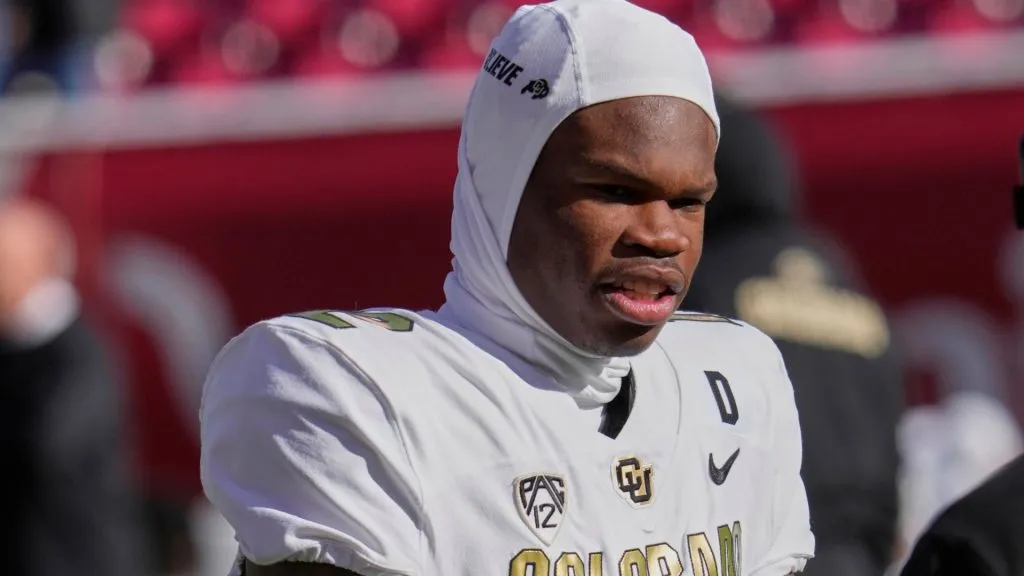 Buffaloes wide receiver Travis Hunter (12) working out before the game with Colorado Buffaloes and Utah Utes held at Rice-Eccles Stadium in Salt Lake Ut.