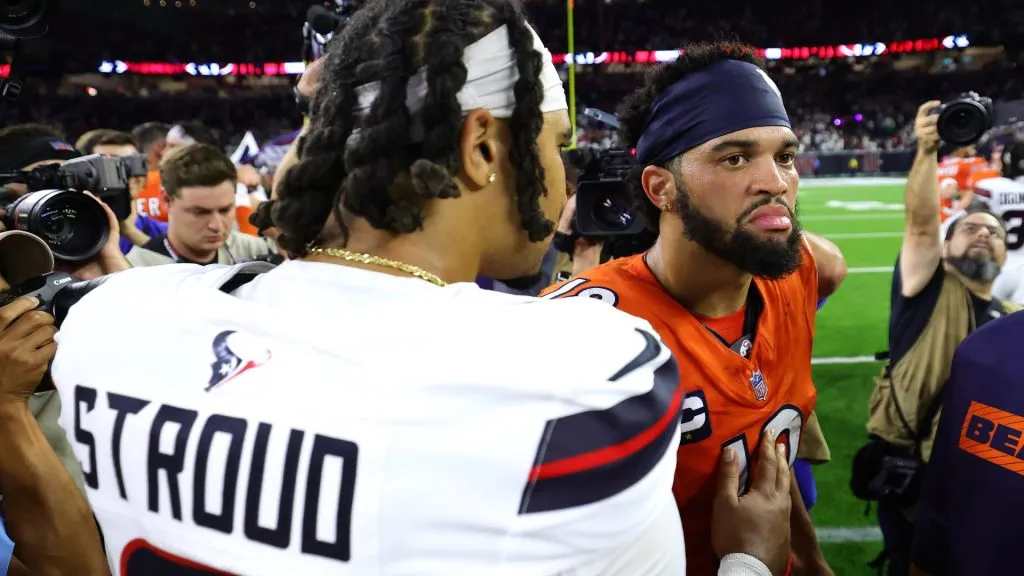HOUSTON, TEXAS – SEPTEMBER 15: C.J. Stroud #7 of the Houston Texans shakes hands with Caleb Williams #18 of the Chicago Bears following the game at NRG Stadium in Houston, Texas. (Photo by Alex Slitz/Getty Images)