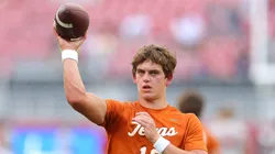 Arch Manning #16 of the Texas Longhorns warms-up prior to a game against the Alabama Crimson Tide at Bryant-Denny Stadium on September 09, 2023 in Tuscaloosa, Alabama.